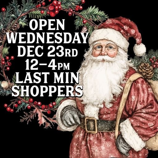 Image of Last Minute shopper graphic design with Santa and a wreath as decor