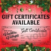 Graphic design image that says gift certificates available for vendors village