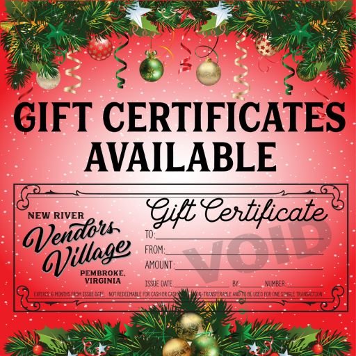 Graphic design image that says gift certificates available for vendors village